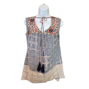Knox Rose Boho Sleeveless Top Size M Tassel Tie Blue Ivory Floral Cottagecore